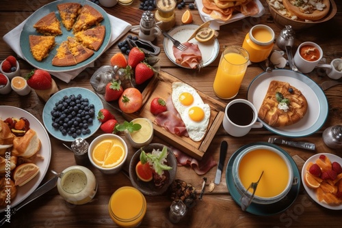 American BBQ brunch with boiled eggs, scrambled eggs, orange juice, fried eggs, blueberries, coffee, and fresh fruits on wooden table. Generative AI