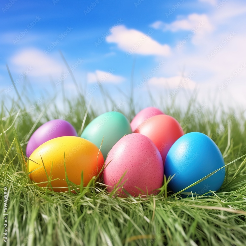 Colorful Easter Eggs with grass and sky. generative ai Colorful Easter Eggs with grass and sky. generative ai