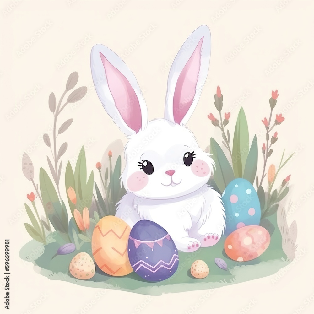 Obraz premium Cute bunny on grass with exquisite Easter eggs. generative ai