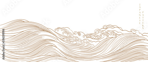 Japanese background with hand drawn line wave element vector. Oriental natural pattern with ocean sea decoration banner design in vintage style. Marine template.