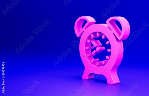 Pink Alarm clock icon isolated on blue background. Wake up, get up concept. Time sign. Minimalism concept. 3D render illustration