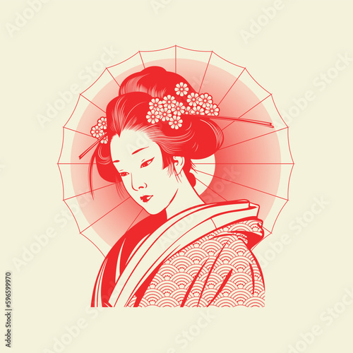 Geisha, Japan. Retro and simplicity line drawing. Japan tourism poster,  icon, logo template. 