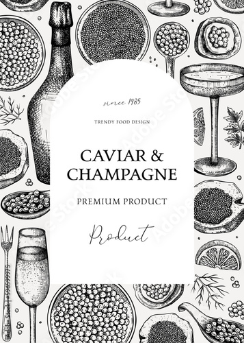 Caviar and champagne hand drawn illustration. Hand drawn frame design with red caviar canape, canned black caviar, sparkling wine bottle, glasses sketches. Seafood vintage background