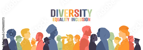 Diversity, Equality, Inclusion banner. Different people stand side by side together.