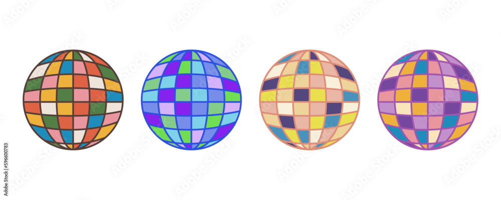 Set of disco balls in the groovy style. Isolated white background. Flat retro style. Vector illustration Set of disco balls in the groovy style. Isolated white background. Flat retro style. Vector illustration