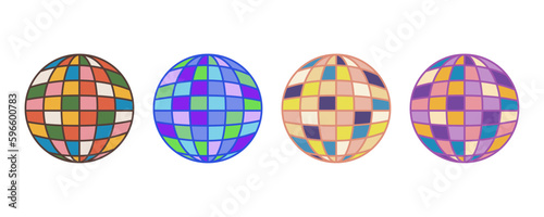 Set of disco balls in the groovy style. Isolated white background. Flat retro style. Vector illustration