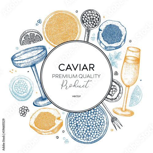 Caviar and champagne wreath design in color. Hand drawn menu template with red caviar canape, canned black caviar, sparkling wine bottle, glasses sketches. Seafood vintage background