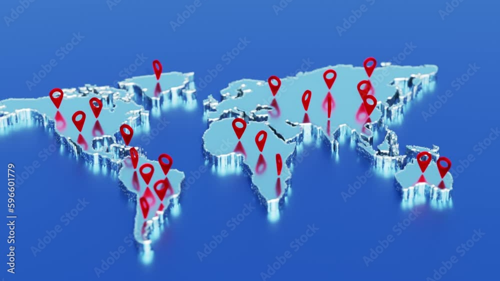 World map with global technology destination location concept. Network connection and global positioning system (GPS) concept. Abstract animation of the world map with pointers. pins, navigation and t World map with global technology destination location concept. Network connection and global positioning system (GPS) concept. Abstract animation of the world map with pointers. pins, navigation and t