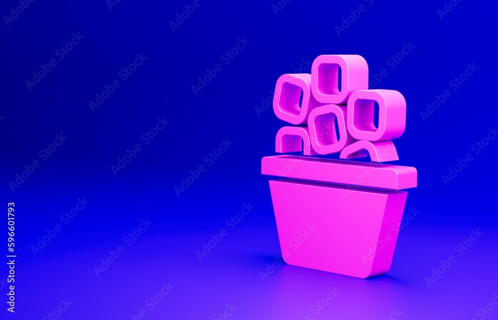 Pink Ice bucket filled with ice cubes icon isolated on blue background. Minimalism concept. 3D render illustration Pink Ice bucket filled with ice cubes icon isolated on blue background. Minimalism concept. 3D render illustration