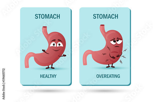 Cartoon stomach character. Concept of healthy and diseased internal organ, overeating, pain and heaviness. Vector illustration