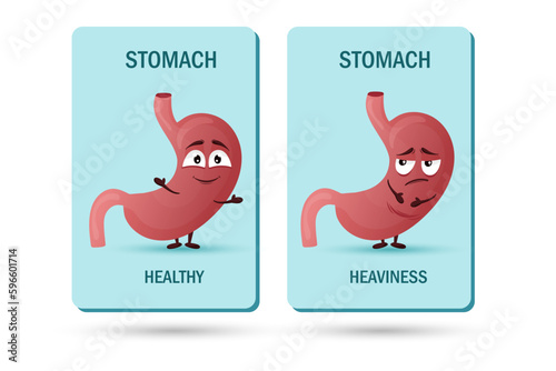 Cartoon stomach character. Concept of healthy and diseased internal organ, heaviness and pain. Vector illustration