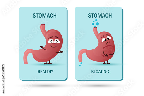 Cartoon stomach character. Concept of healthy and diseased internal organ, bloating and constipation. Vector illustration