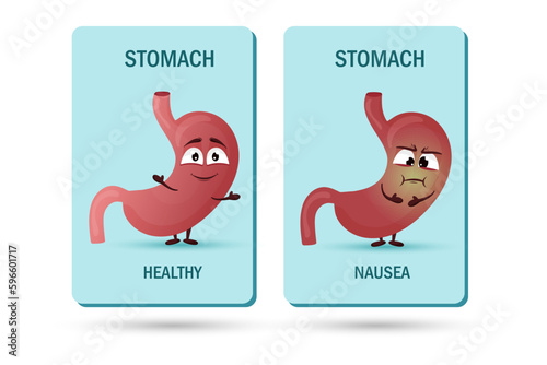 Cartoon stomach character. Concept of healthy and diseased internal organ, nausea and indigestion. Vector illustration