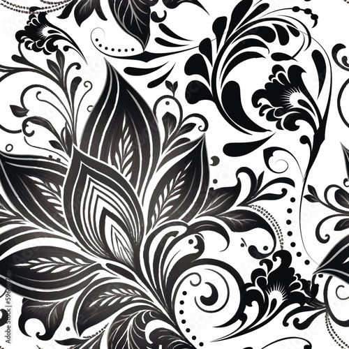 Floral ethnic black and white Paisley seamless pattern. Ornamental vector background illustration. Folkloric style repeat backdrop. Beautiful abstract ornament. Vintage paisley flowers, leaves, dots