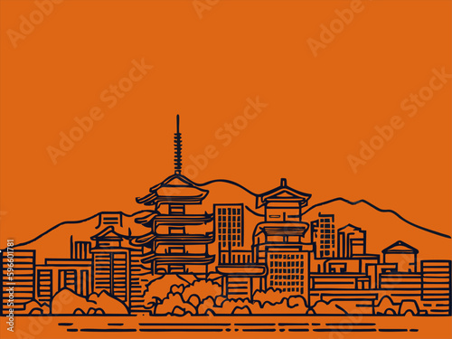 Kyoto skyline, Japan. hand drawn, Vector illustration, linear style, for posters, banners and shirts