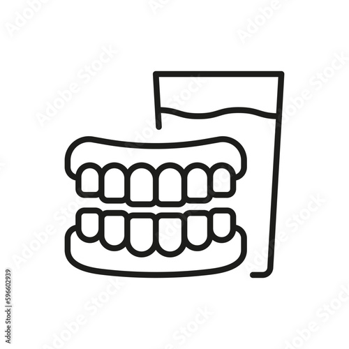 Denture with Glass Line Icon. Dental Artificial Tooth. Dentistry Outline Symbol. Dental Treatment Sign. Medical False Tooth Linear Pictogram. Editable Stroke. Isolated Vector Illustration