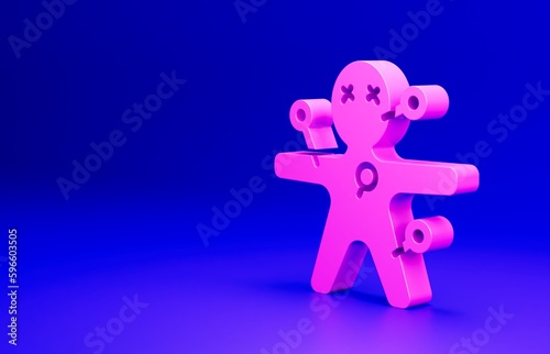 Pink Voodoo doll icon isolated on blue background. Happy Halloween party. Minimalism concept. 3D render illustration