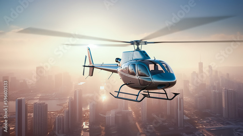Helicopter flying over city with sun setting behind it. City landscape of modern metropolis. Generative AI.