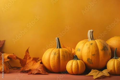 Autumn banner with pumpkins on mustard background. Copy-space available. Generative AI
