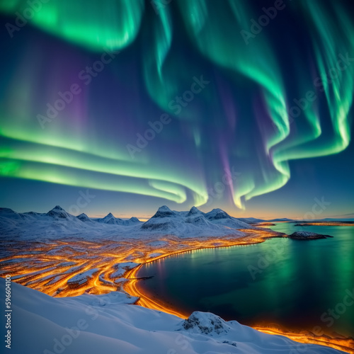 Northern lights on mountains background. Generative AI