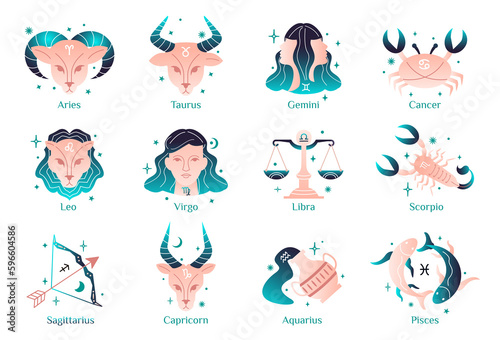 Zodiac astrology horoscope design vector illustrations set. Elegant symbols and icons of horoscopes with names. Transparency background