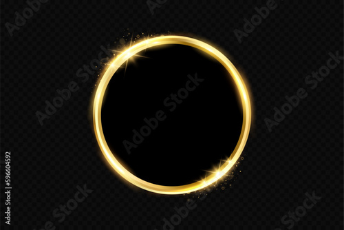 Abstract sparkling golden frame light effect on transparent background. Spark with ring glossy line.