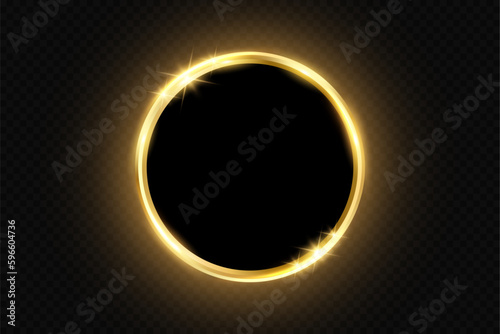 Abstract sparkling golden frame light effect on transparent background. Spark with ring glossy line.