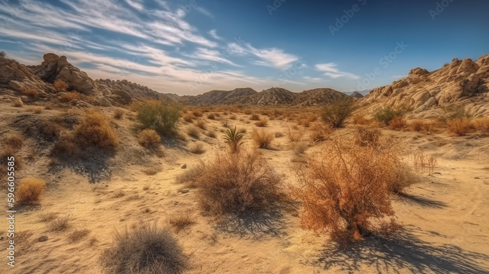 Desert scene with blue sky and few trees. Generative AI. High quality illustration