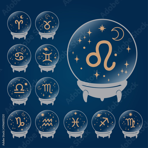 Zodiac sign behind crystal ball surrounded by stars and moon. Fortune teller. On blue  background