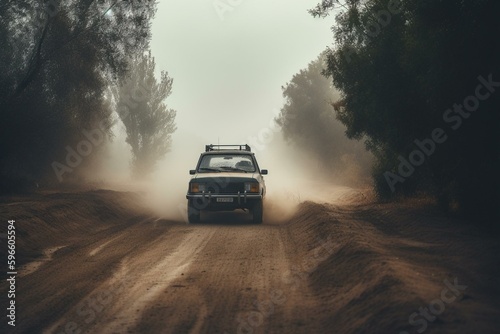 A car travels down a dusty road with clouds of dust behind and in front of it. Generative AI © Elowen