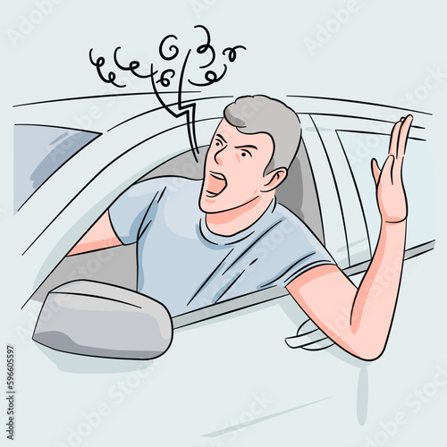 Angry driver stuck in traffic jam gesticulates with hand and screaming. Crazy man yelling from car. Stress, traffic rush hour. Angry aggressive guy driving in auto shouting up through open window