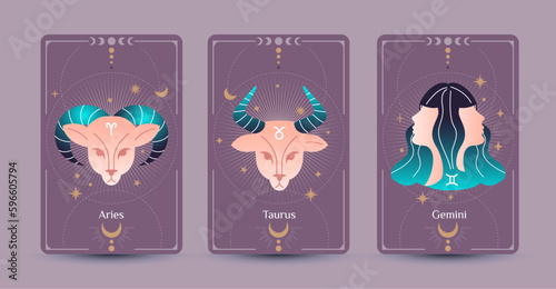 Aries, Taurus, and Gemini zodiac symbols are hand drawing styles surrounded by moon and stars on a purple background, Fit for paranormal, tarot readers, and astrologers