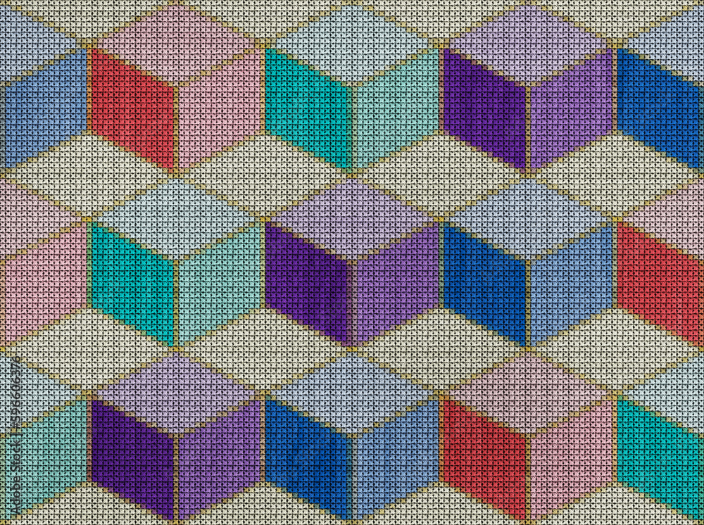 Cross-stitch. Embroidery. Seamless rhombus pattern. Grid. Mosaic.  Geometric openwork. Pattern in multicolor rhombuses. Modern ornament.