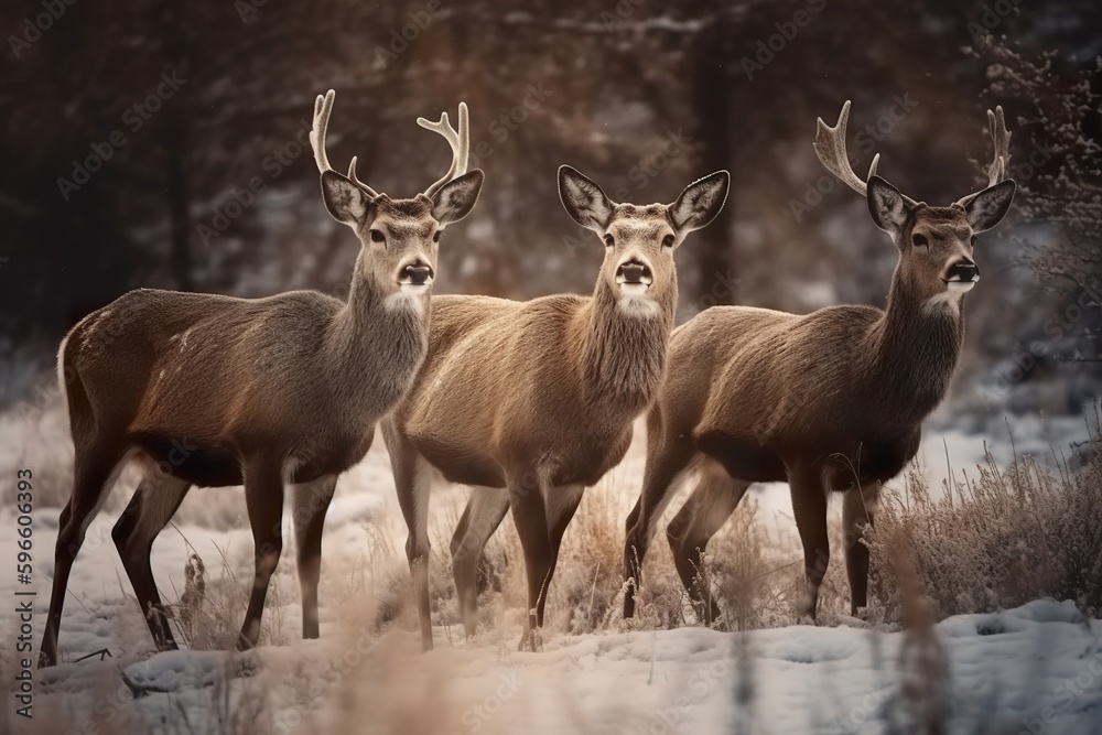 Proud Noble Deer family in winter snow forest Proud Noble Deer family in winter snow forest