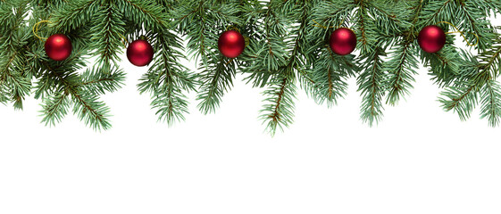 Christmas tree branches with red balls in PNG isolated on transparent background, border