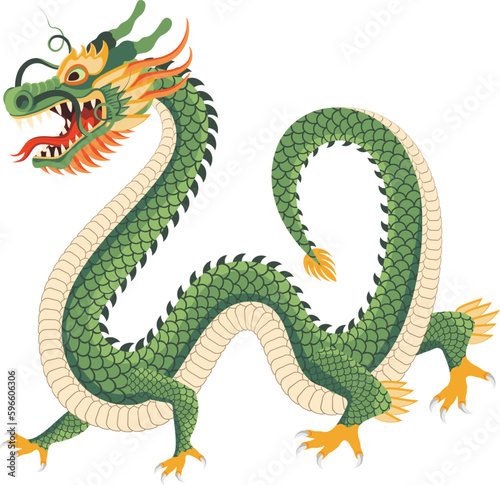 Traditional chinese green dragon vector cartoon illustration. Zodiac sign. Sacred animal, a symbol of goodness and power. Asian, japanese mascot and tattoo or T-shirt vector illustration.