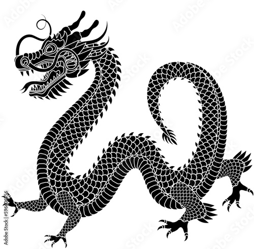 Traditional chinese black dragon outline vector illustration. Zodiac sign. Sacred animal  a symbol of goodness and power. Asian  japanese mascot and tattoo or T-shirt vector illustration.