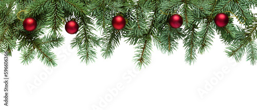 Christmas tree branches with red balls in PNG isolated on transparent background, border photo