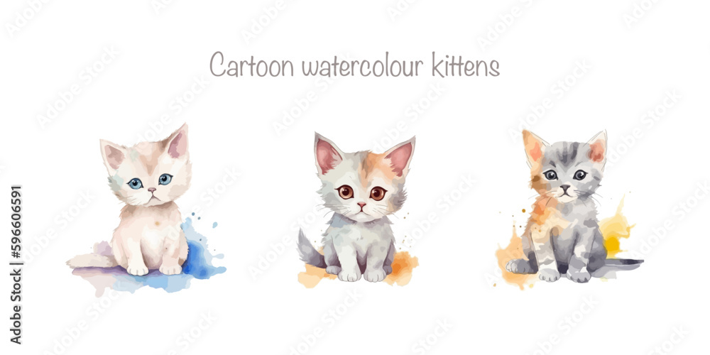 Vector watercolour kittens isolated on white background. Children's room decor. Wall art. Baby shower party. 
