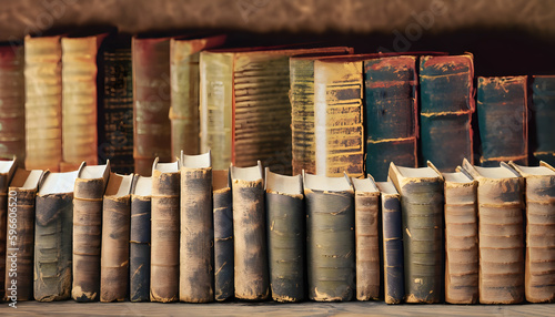 library stack, wide banner of old vintage library stack of antique books on old wooden table in fantasy medieval period, library stack of antique book, Ai generated 