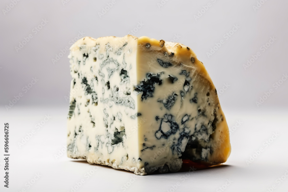 Blue cheese, dor blue or roquefort mold cheese slice on cutting board, generative ai.