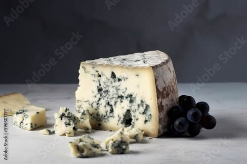 Blue cheese, dor blue or roquefort mold cheese slice on cutting board, generative ai. photo