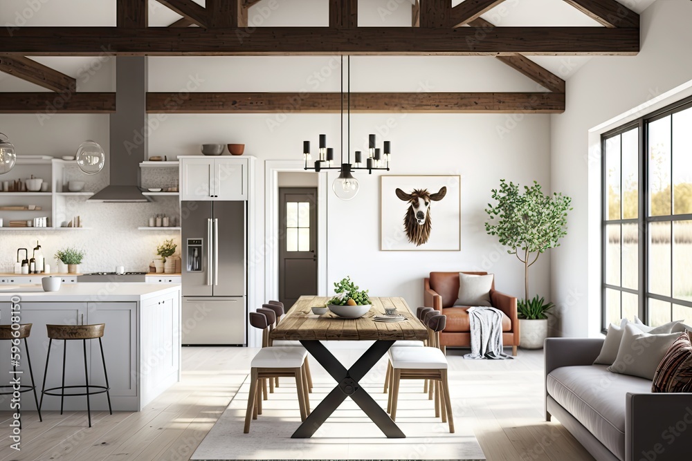 minimalist modern farmhouse interior with sleek lines, natural textures ...