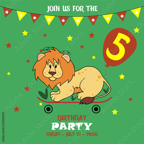 children's birthday invitation template with lion, cute baby boy kids party invitation, birthday invitation, 5 years, join us for the birthday party, baby shower