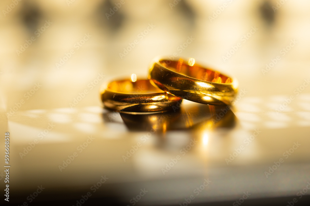 wedding rings on a table
