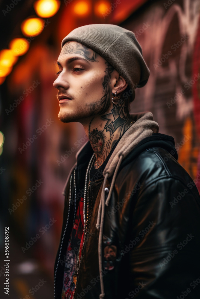 Obraz premium In a back alley, a tattooed 20-year-old thug lurks, with an air of trouble. His piercing gaze tells a story of rebellion and danger, captivating those who dare to cross his path. Generative ai