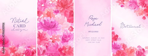 Watercolor romantic background wiith pink, magenta, red flowers. Beautiful landscape, field with roses, peonies, blossoms. Design for wedding card, cover, packaging, brand style.