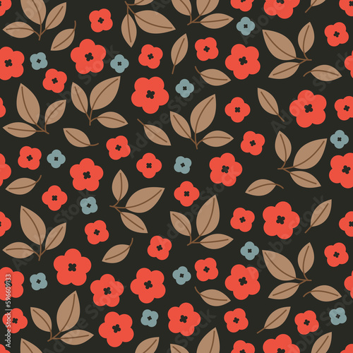 Minimalist floral seamless pattern. Flowers and leaves on dark background.