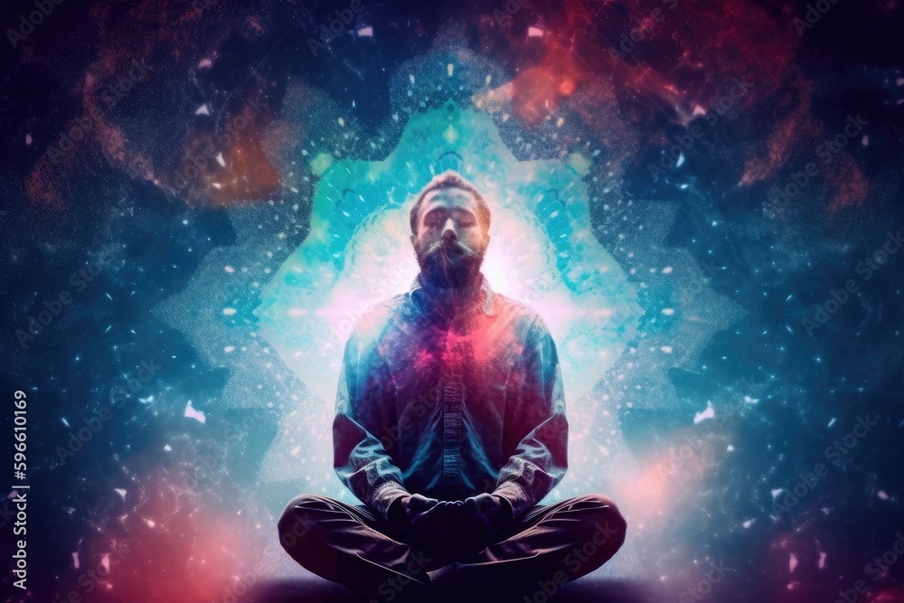 Man in meditation pose. Enlightenment psychic wave transcendence of consciousness generative ai