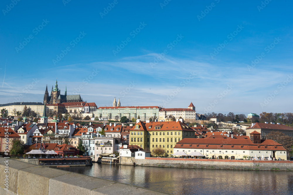 a picturesque view of the river from the embankment in Prague